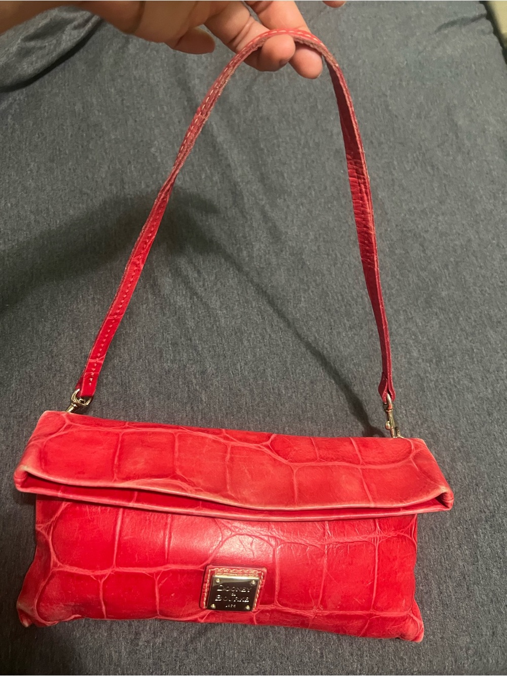 Dooney & Bourke Red Croc-Embossed Fold-Over Shoulder Clutch